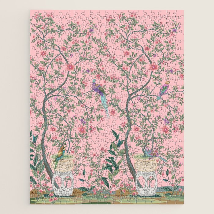 Chinoiserie Pink Fresco Floral Garden Birds Oriental Botanical Jigsaw Puzzle Gallery Image 1