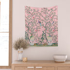 Chinoiserie Pink Fresco Floral Garden Birds Oriental Botanical Wall Tapestry Gallery Image 2