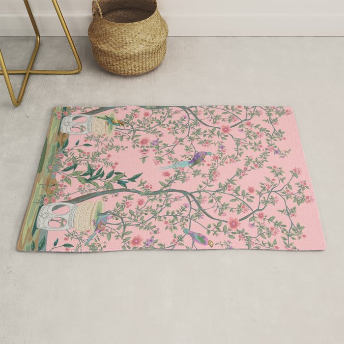 Chinoiserie Pink Fresco Floral Garden Birds Oriental Botanical Rug Gallery Image 1