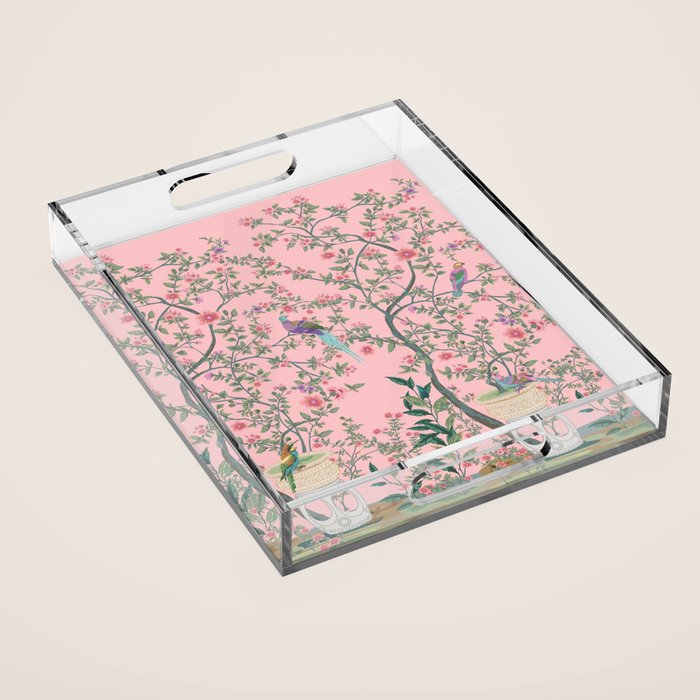 Chinoiserie Pink Fresco Floral Garden Birds Oriental Botanical Acrylic Tray Gallery Image 1