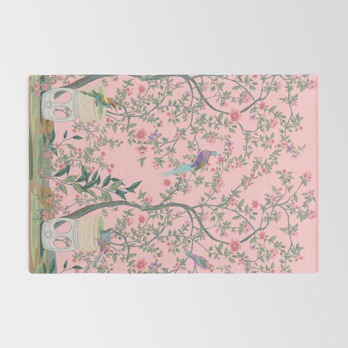 Chinoiserie Pink Fresco Floral Garden Birds Oriental Botanical Rug Gallery Image 2