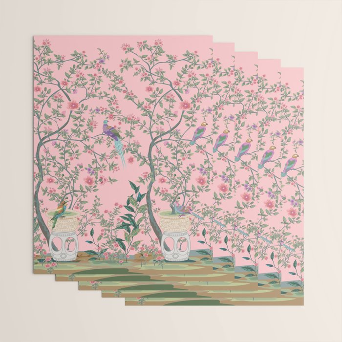 Chinoiserie Pink Fresco Floral Garden Birds Oriental Botanical Wrapping Paper Gallery Image 3