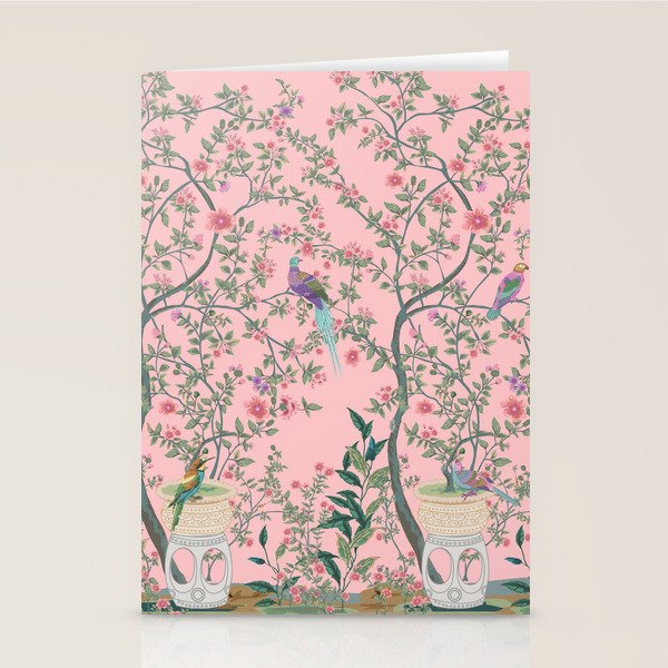 Chinoiserie Pink Fresco Floral Garden Birds Oriental Botanical Stationery Card Gallery Image 2