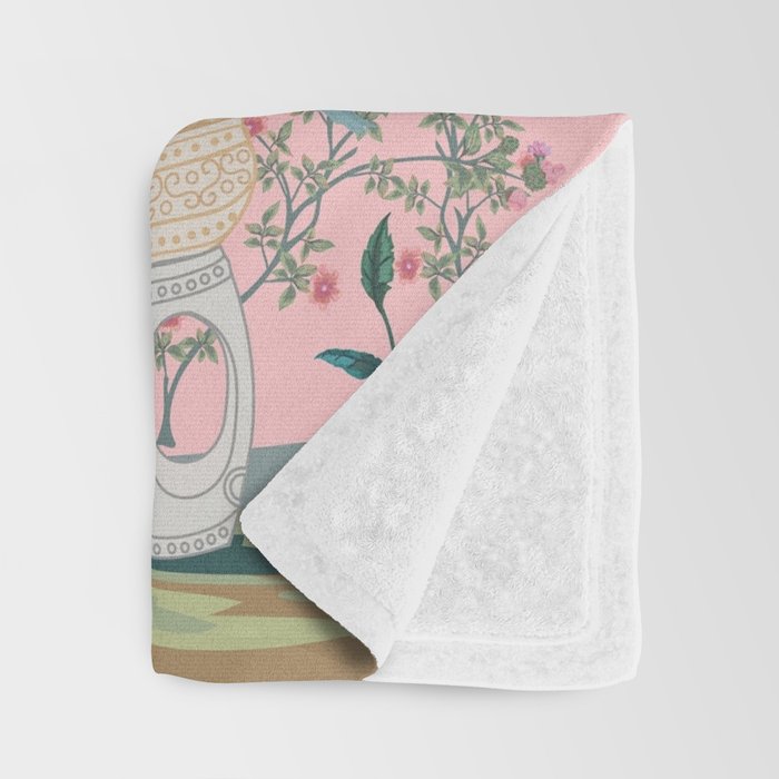 Chinoiserie Pink Fresco Floral Garden Birds Oriental Botanical Throw Blanket Gallery Image 3