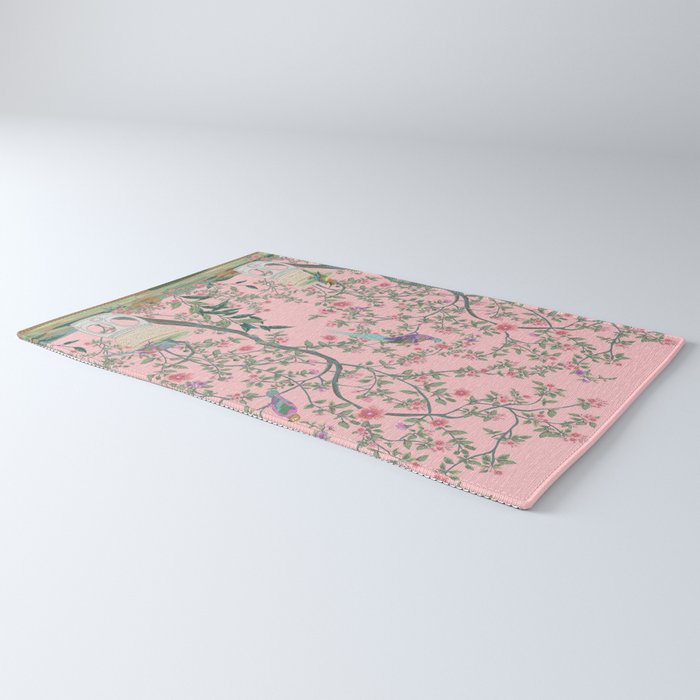 Chinoiserie Pink Fresco Floral Garden Birds Oriental Botanical Rug Gallery Image 3