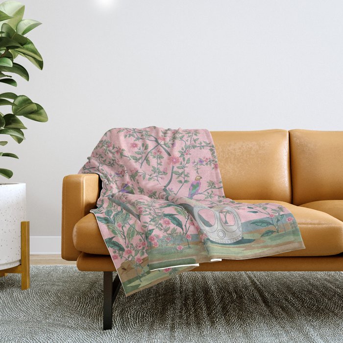 Chinoiserie Pink Fresco Floral Garden Birds Oriental Botanical Throw Blanket Gallery Image 1