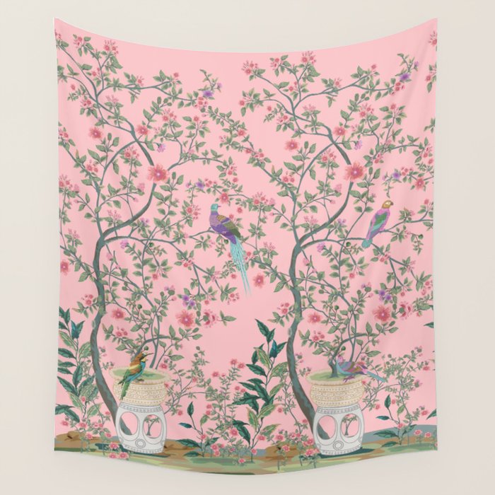 Chinoiserie Pink Fresco Floral Garden Birds Oriental Botanical Wall Tapestry Gallery Image 4