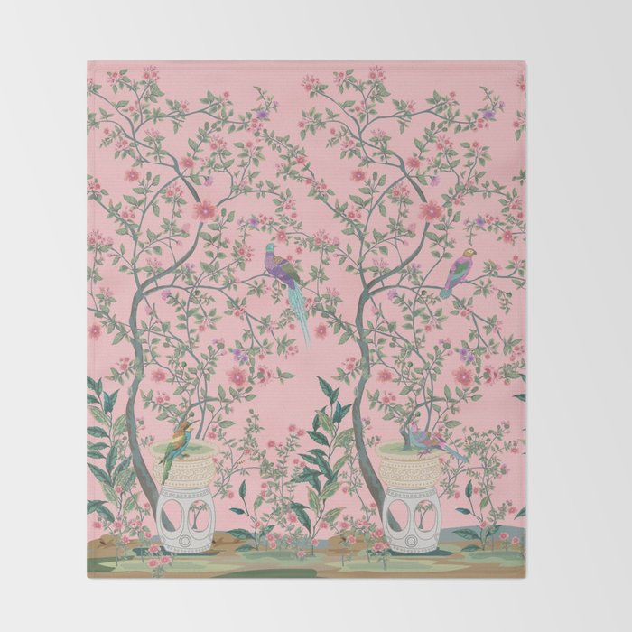 Chinoiserie Pink Fresco Floral Garden Birds Oriental Botanical Throw Blanket Gallery Image 2