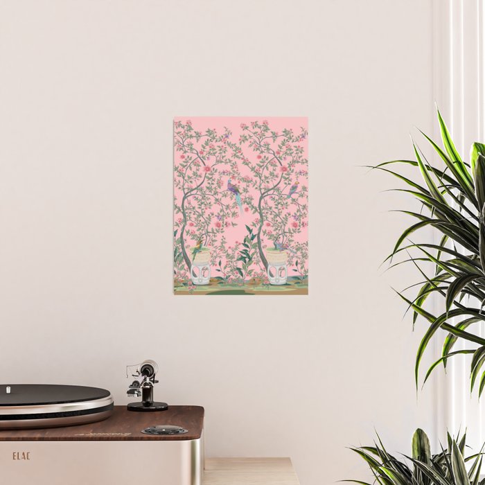 Chinoiserie Pink Fresco Floral Garden Birds Oriental Botanical Poster Gallery Image 2