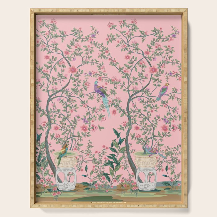 Chinoiserie Pink Fresco Floral Garden Birds Oriental Botanical Serving Tray Gallery Image 1