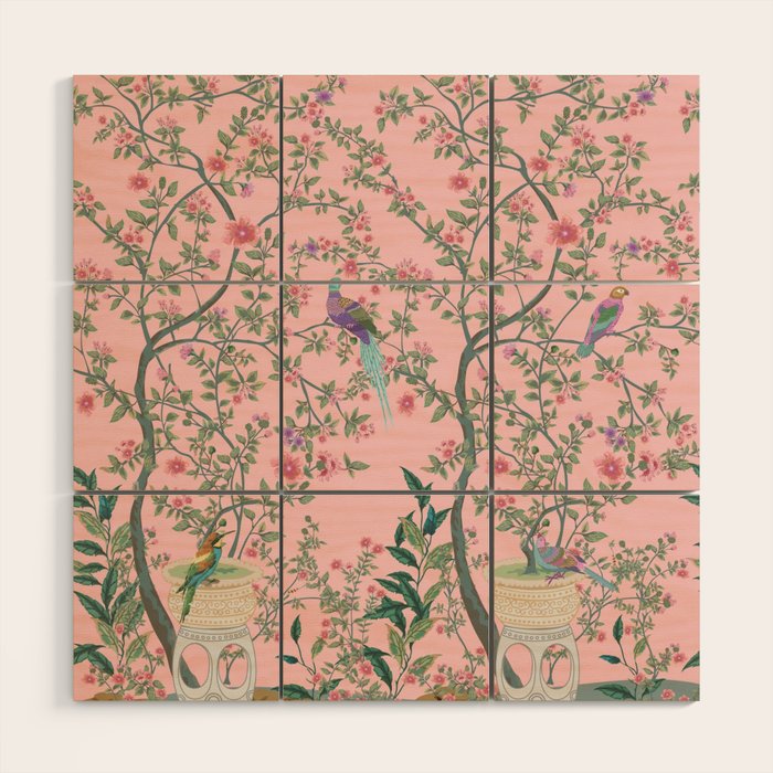 Chinoiserie Pink Fresco Floral Garden Birds Oriental Botanical Wood Wall Art Gallery Image 1