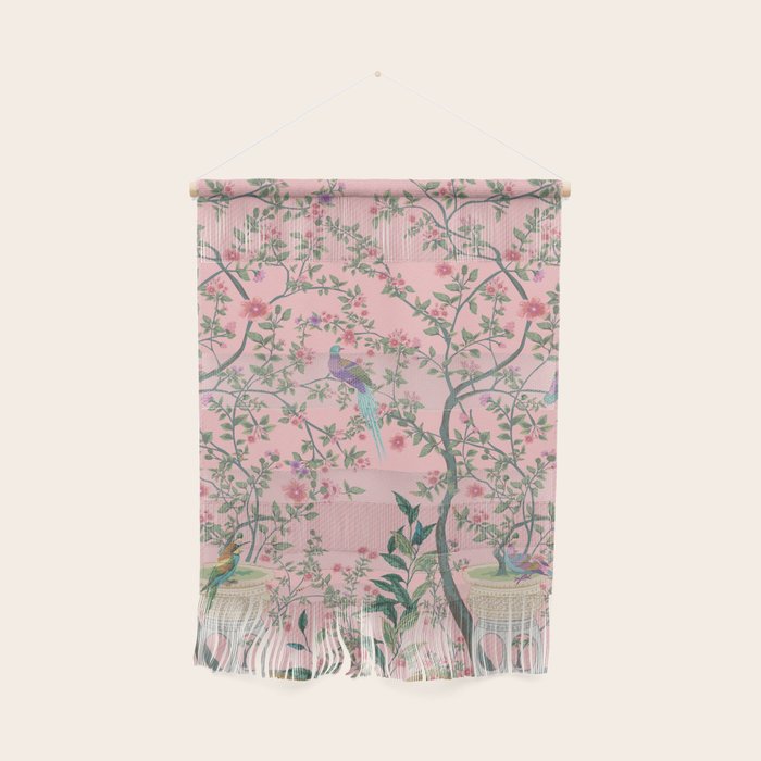 Chinoiserie Pink Fresco Floral Garden Birds Oriental Botanical Wall Hanging Gallery Image 1
