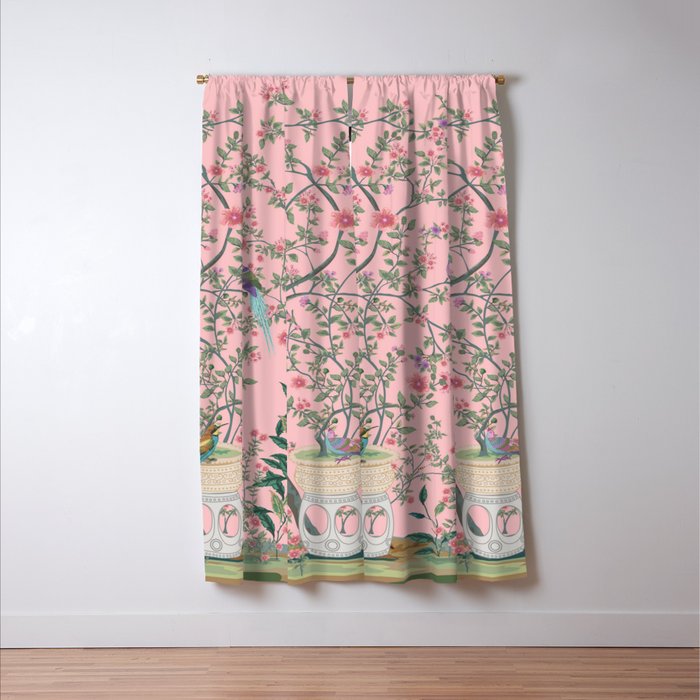 Chinoiserie Pink Fresco Floral Garden Birds Oriental Botanical Window Curtain Gallery Image 3