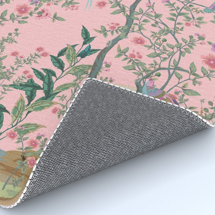 Chinoiserie Pink Fresco Floral Garden Birds Oriental Botanical Rug Gallery Image 4