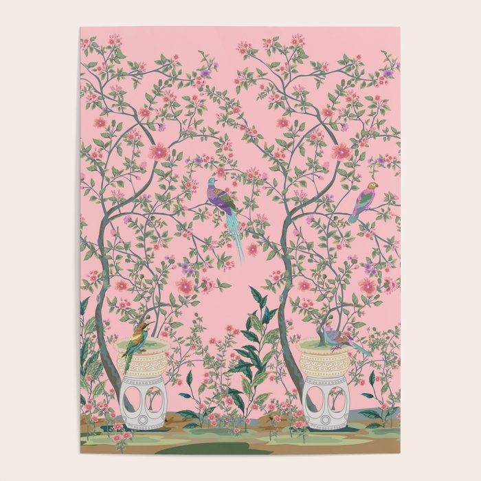 Chinoiserie Pink Fresco Floral Garden Birds Oriental Botanical Poster Gallery Image 4