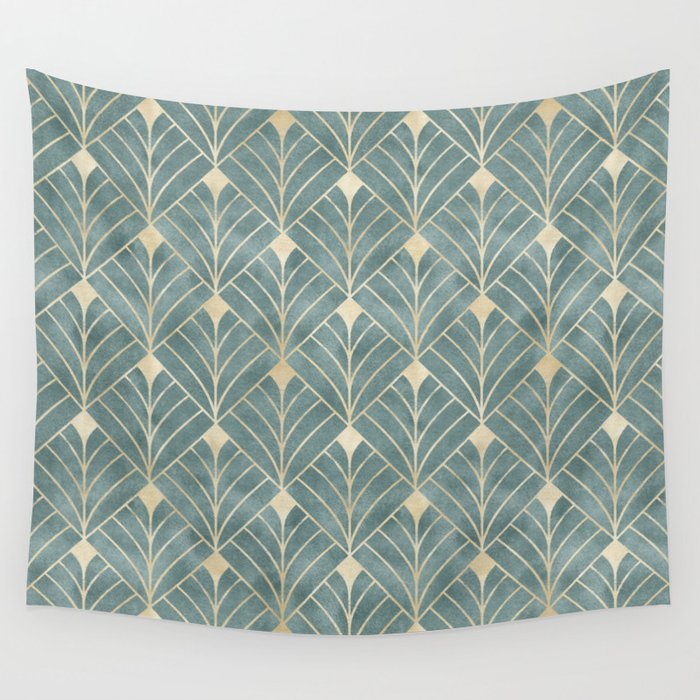 Art Deco Diamonds in Teal and Gold Wall Tapestry Gallery Image 4