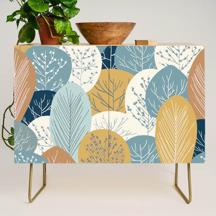 Forest Woodland Trees, Blue, Teal and Yellow, Floral Prints Credenza Gallery Image 1