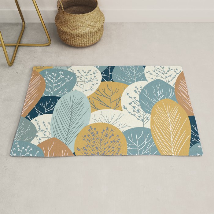 Forest Woodland Trees, Blue, Teal and Yellow, Floral Prints Rug Gallery Image 1