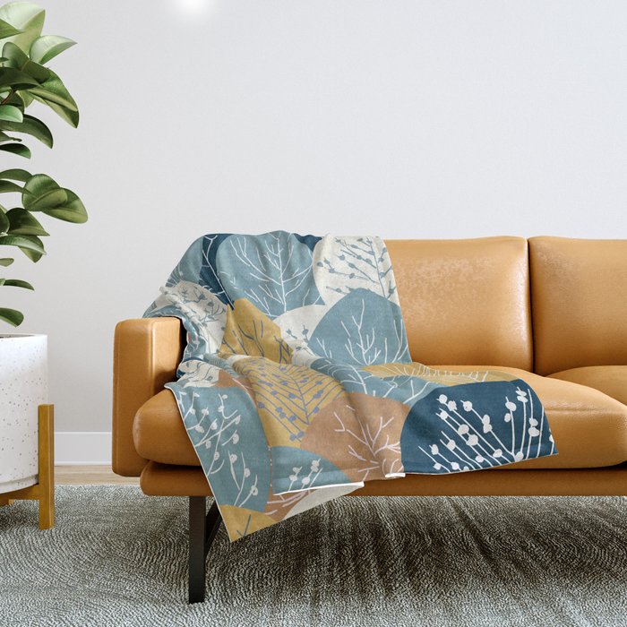 Forest Woodland Trees, Blue, Teal and Yellow, Floral Prints Throw Blanket Gallery Image 1