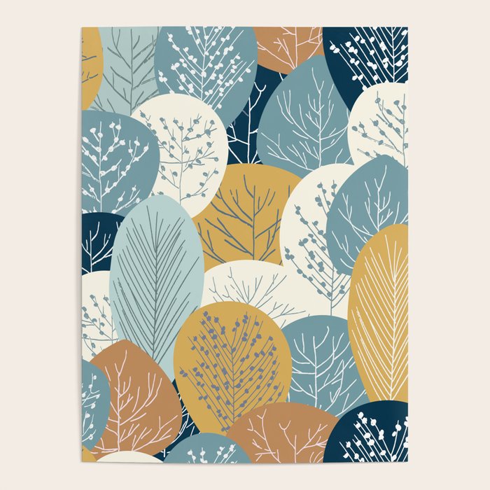 Forest Woodland Trees, Blue, Teal and Yellow, Floral Prints Poster Gallery Image 1