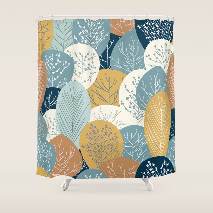 Forest Woodland Trees, Blue, Teal and Yellow, Floral Prints Shower Curtain Gallery Image 1