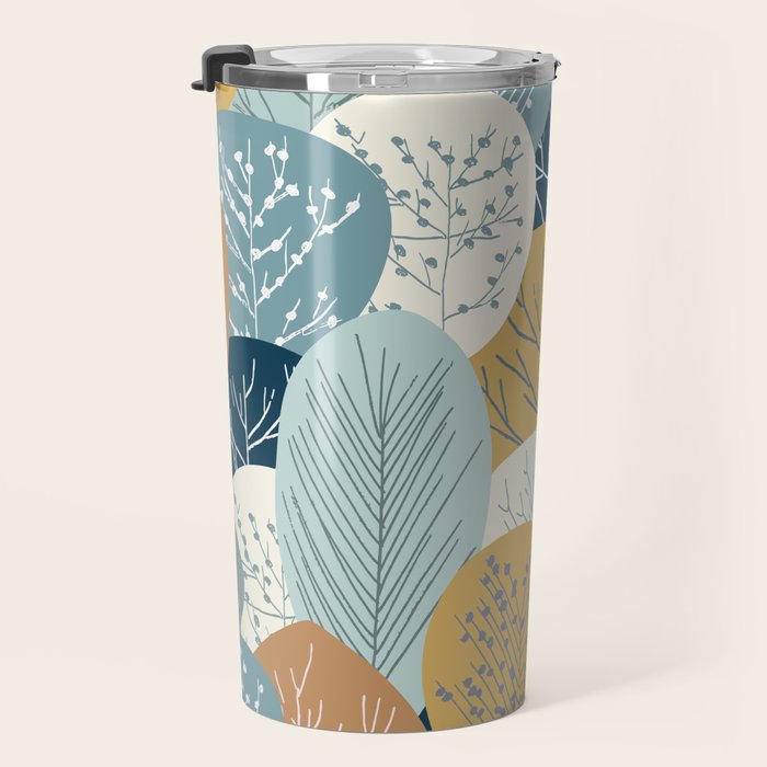 Forest Woodland Trees, Blue, Teal and Yellow, Floral Prints Travel Mug Gallery Image 3