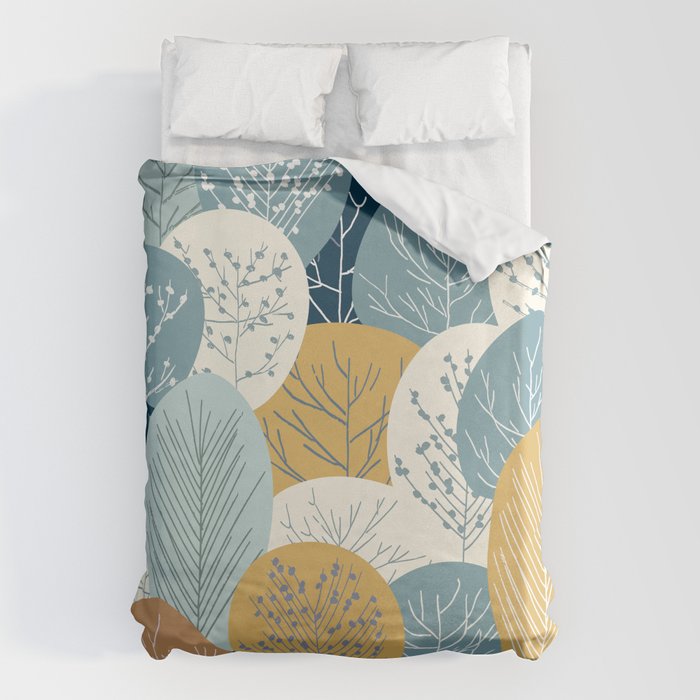Forest Woodland Trees, Blue, Teal and Yellow, Floral Prints Duvet Cover Gallery Image 1