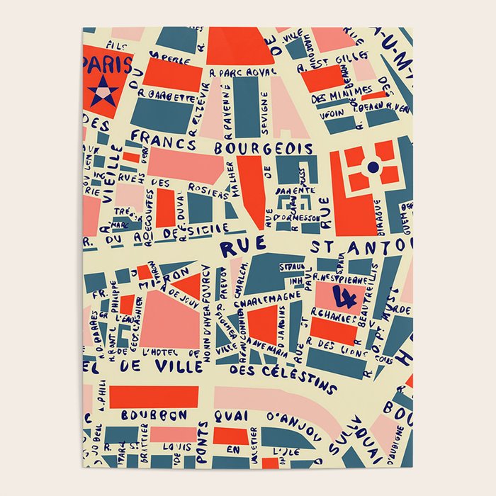 paris map blue Poster Gallery Image 1