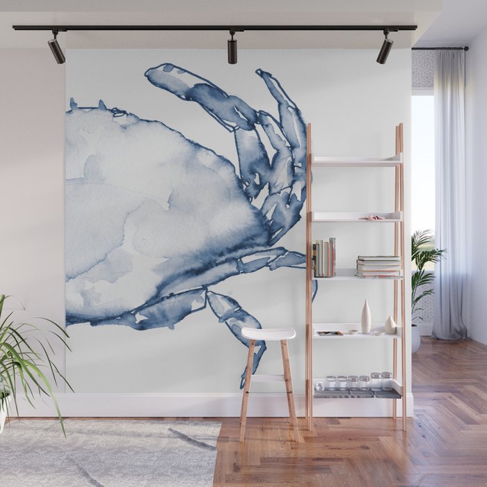 Coastal Crab in Watercolor, Navy Blue (Right Half in Set) Wall Mural Gallery Image 1