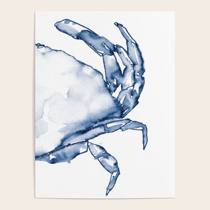 Coastal Crab in Watercolor, Navy Blue (Right Half in Set) Poster