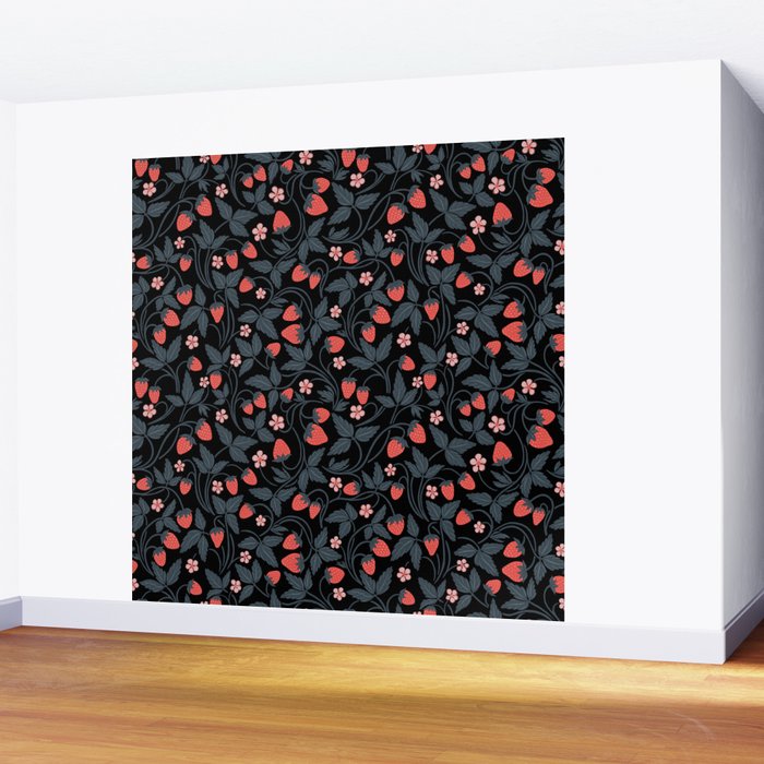 Strawberries - red and slate on black Wall Mural Gallery Image 2