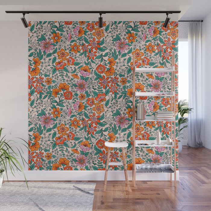 Posey - pink, orange, and teal Wall Mural Gallery Image 1