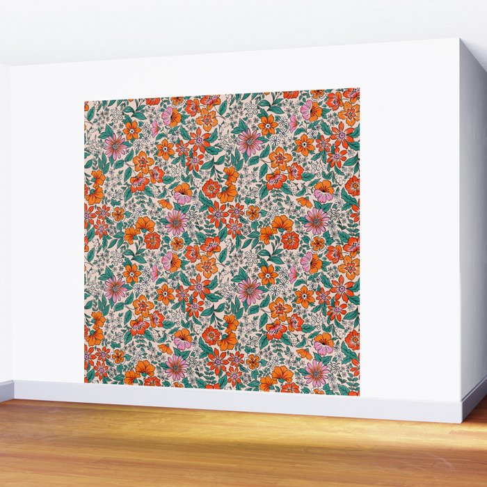 Posey - pink, orange, and teal Wall Mural Gallery Image 2