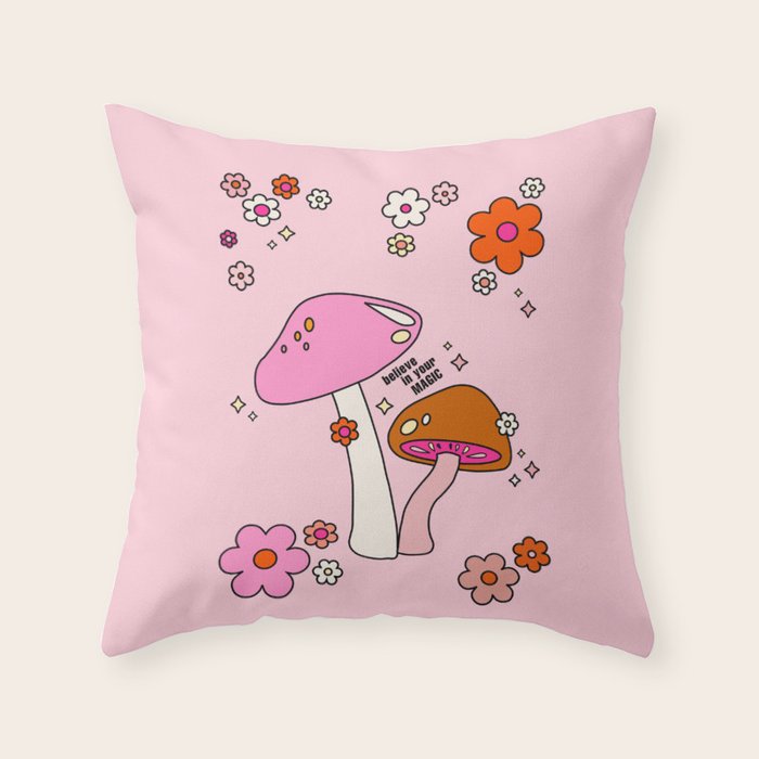 Colorful Mushrooms And Flowers In Pink Throw Pillow Gallery Image 6