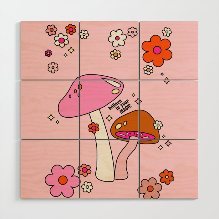 Colorful Mushrooms And Flowers In Pink Wood Wall Art Gallery Image 1