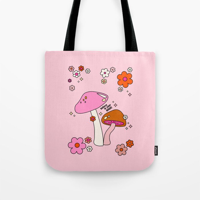 Colorful Mushrooms And Flowers In Pink Tote Bag Gallery Image 1