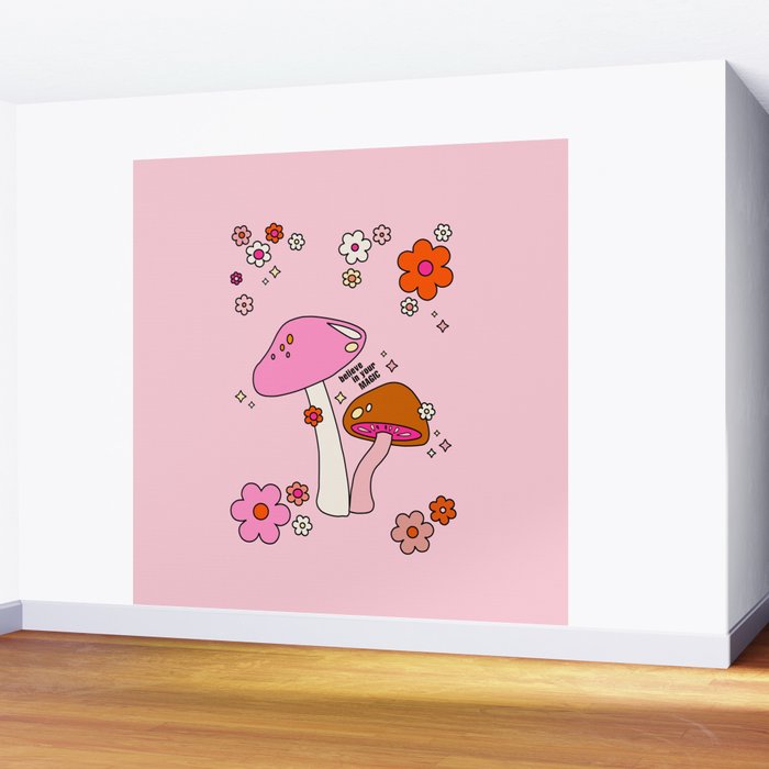 Colorful Mushrooms And Flowers In Pink Wall Mural Gallery Image 2