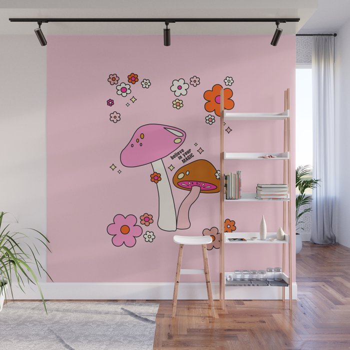 Colorful Mushrooms And Flowers In Pink Wall Mural Gallery Image 1