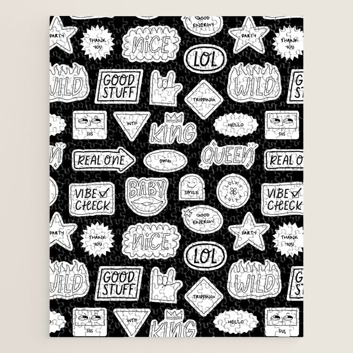Funny black and white cartoon sticker quote pattern Jigsaw Puzzle Gallery Image 1