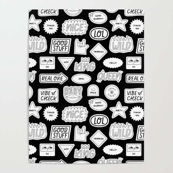 Funny black and white cartoon sticker quote pattern Poster Gallery Image 4