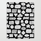 Funny black and white cartoon sticker quote pattern Poster Gallery Image 4