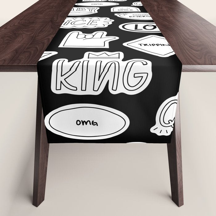 Funny black and white cartoon sticker quote pattern Table Runner Gallery Image 1