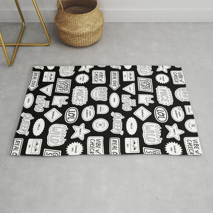 Funny black and white cartoon sticker quote pattern Rug Gallery Image 1