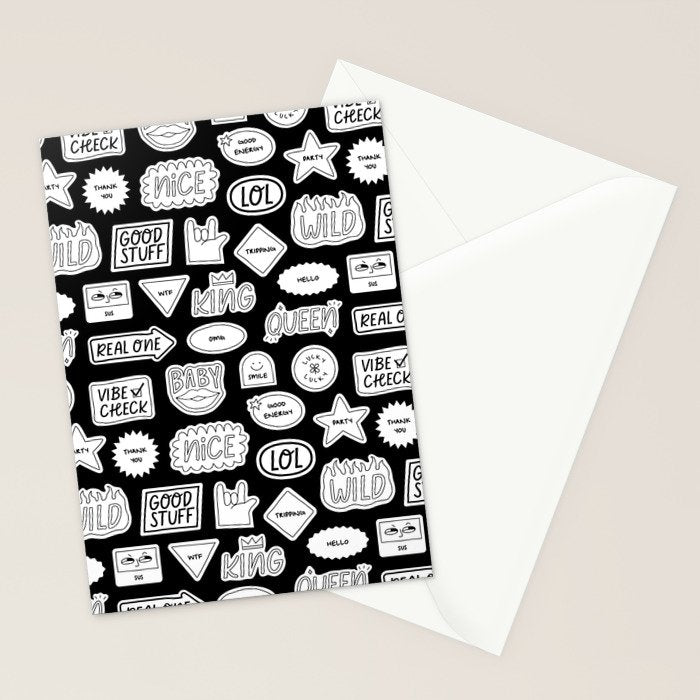 Funny black and white cartoon sticker quote pattern Stationery Card Gallery Image 2