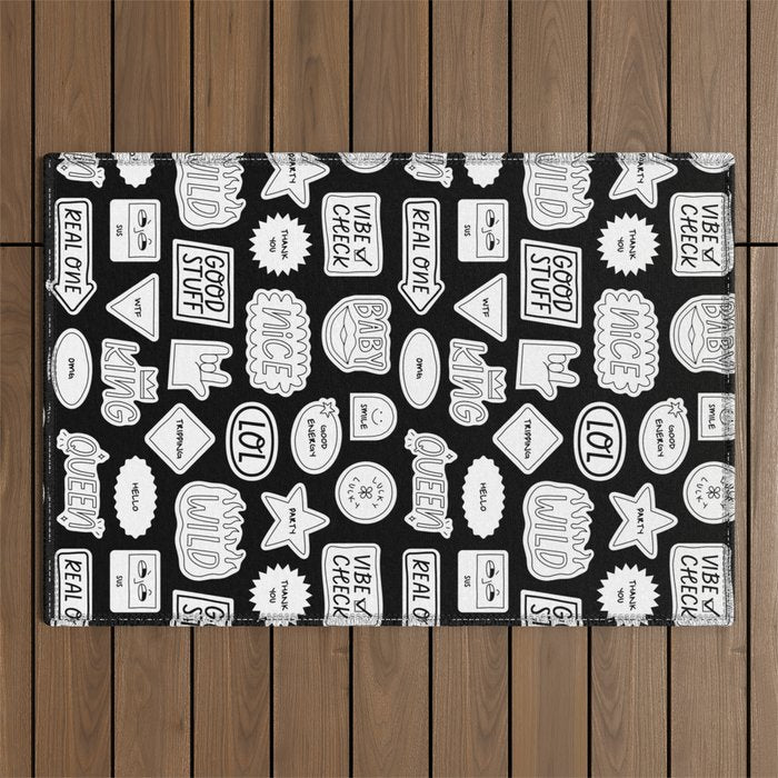 Funny black and white cartoon sticker quote pattern Outdoor Rug Gallery Image 1