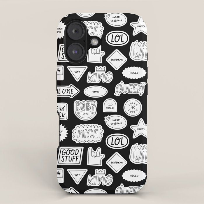 Funny black and white cartoon sticker quote pattern iPhone Case Gallery Image 1