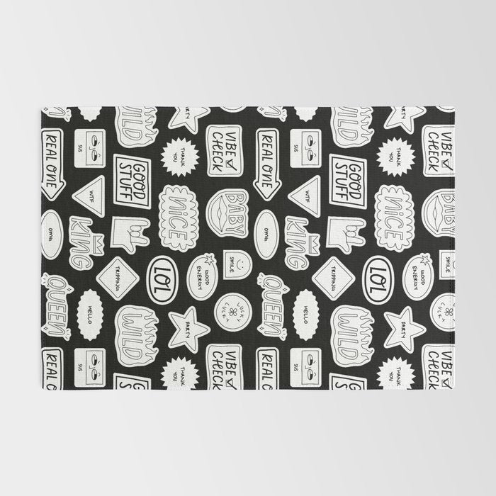Funny black and white cartoon sticker quote pattern Rug Gallery Image 2
