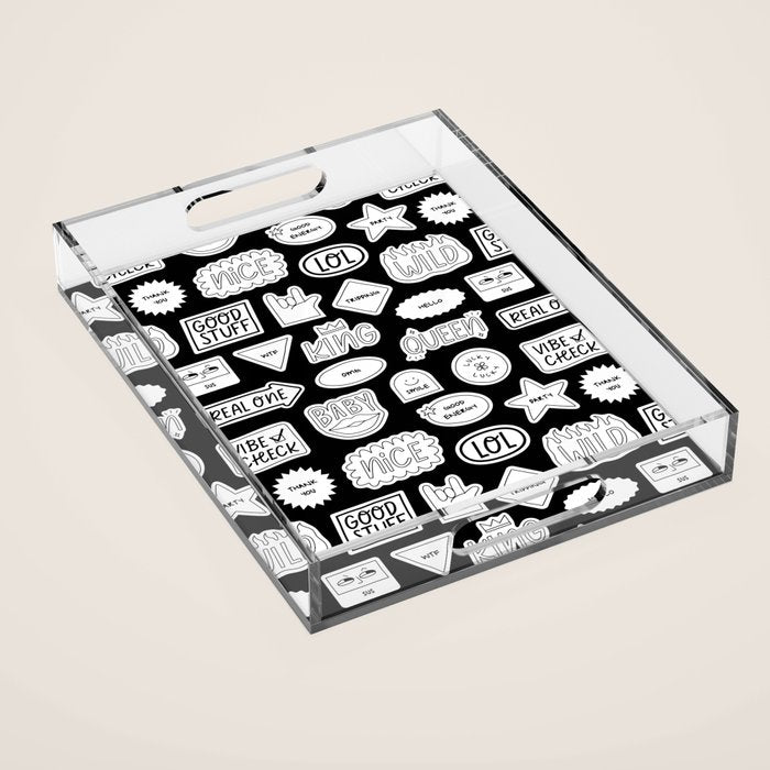 Funny black and white cartoon sticker quote pattern Acrylic Tray Gallery Image 1