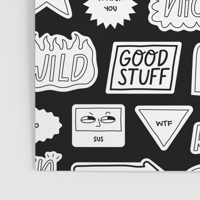 Funny black and white cartoon sticker quote pattern Poster Gallery Image 3