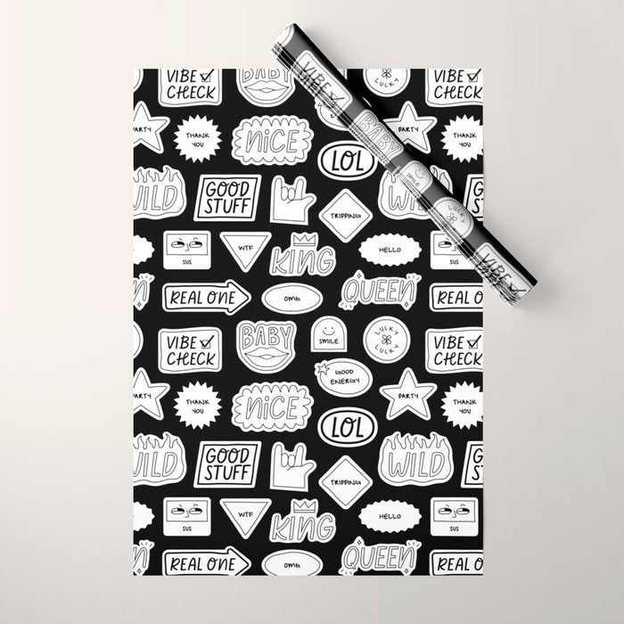 Funny black and white cartoon sticker quote pattern Wrapping Paper Gallery Image 1